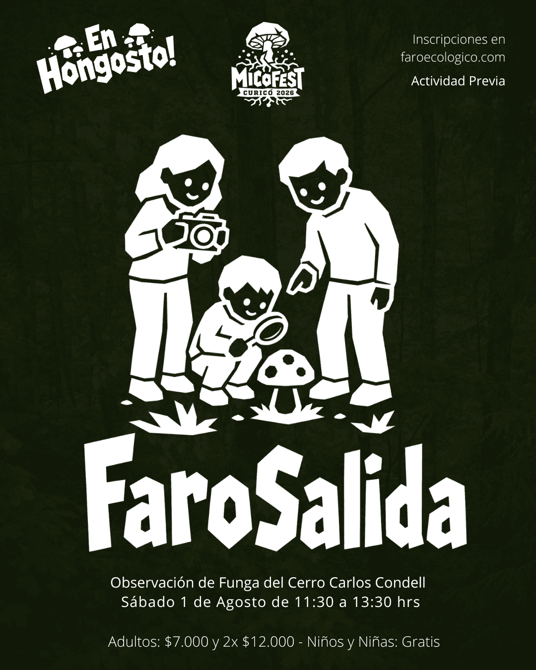 Familia observando hongos en el Cerro Carlos Condell durante una Faro Salida