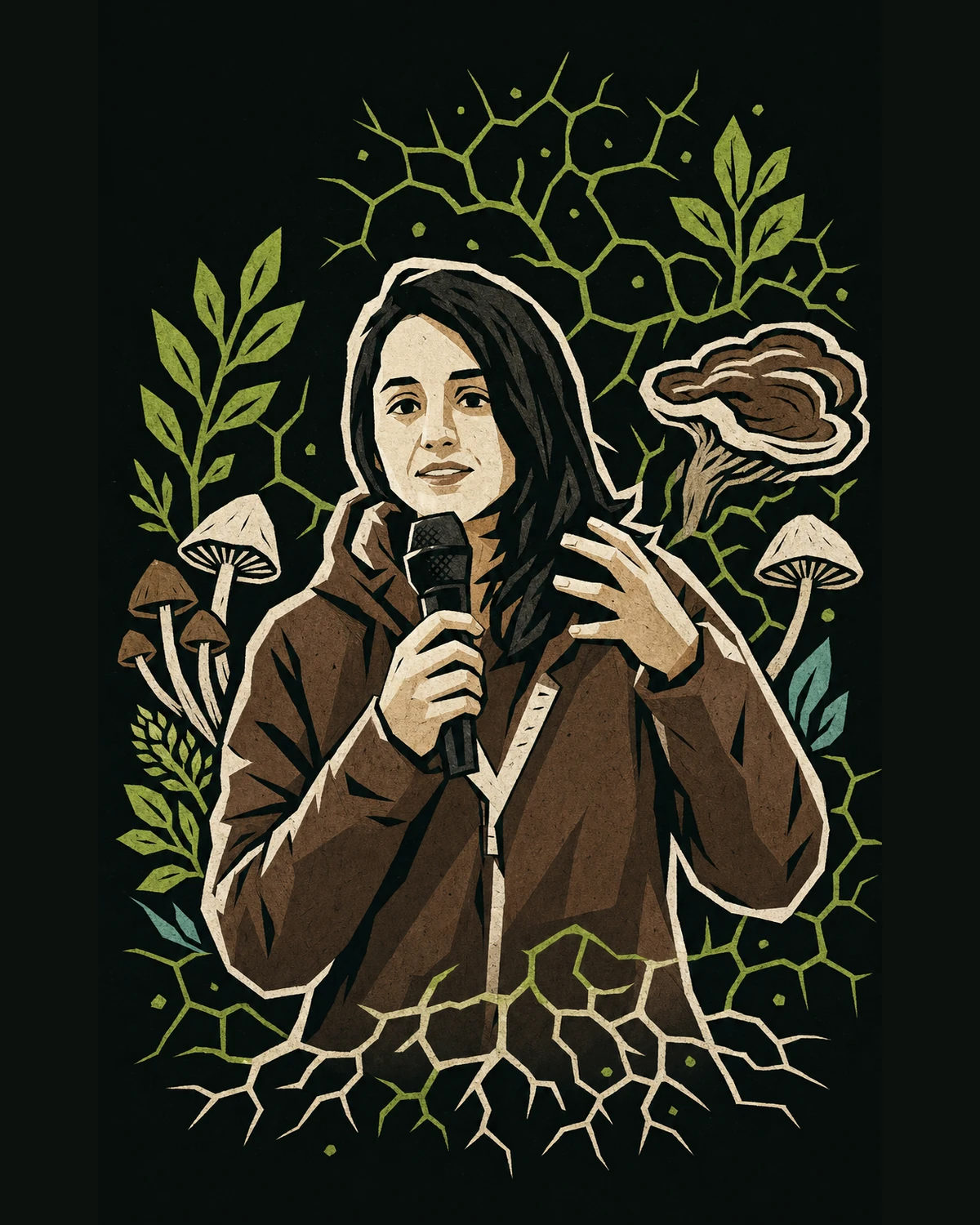 Ilustración de Camila Becerra exponiendo con micrófono entre hongos, hojas y una red de micelio.