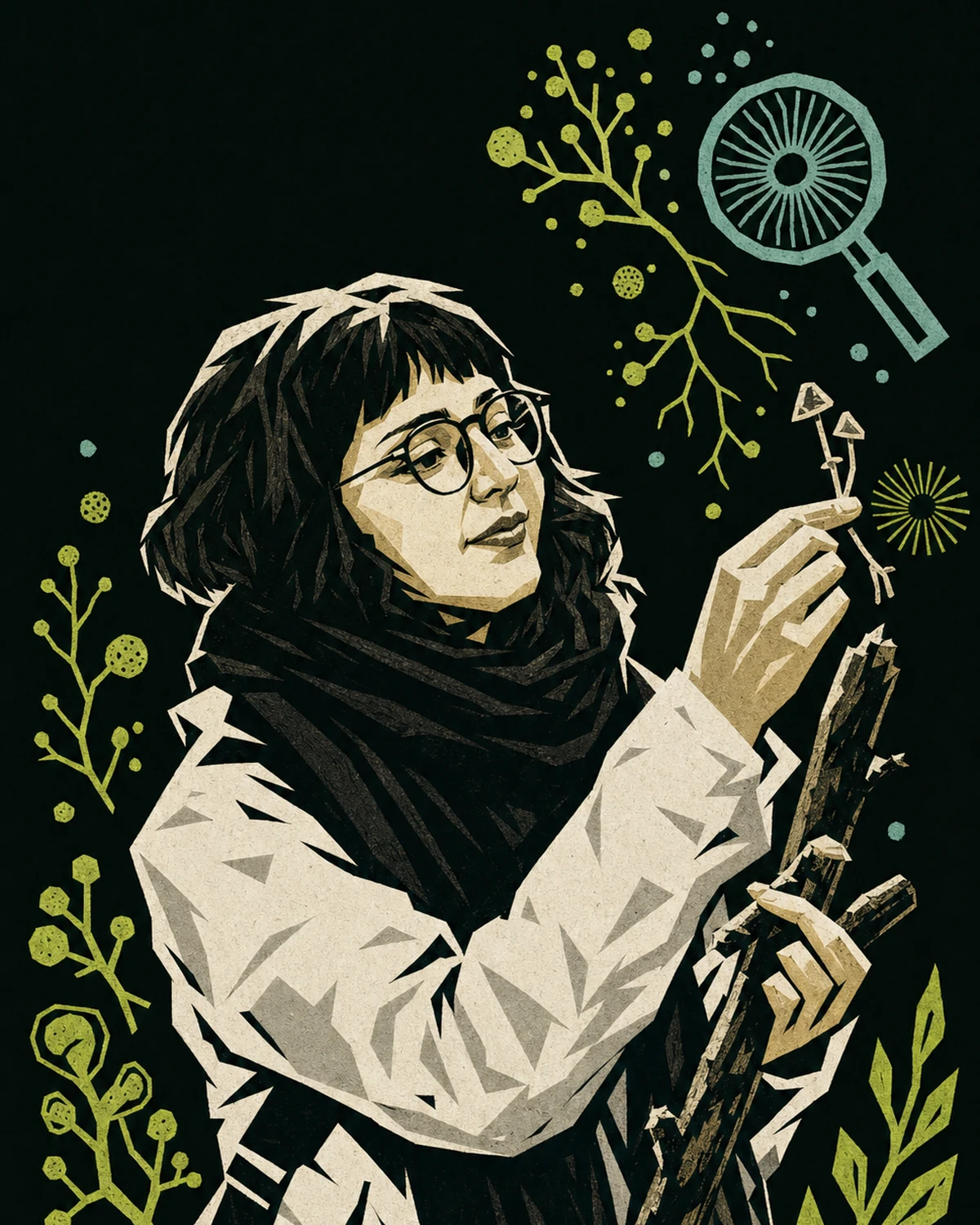 Ilustración de Carolina Sobarzo observando hongos diminutos sobre una rama, rodeada de esporas y formas microscópicas.
