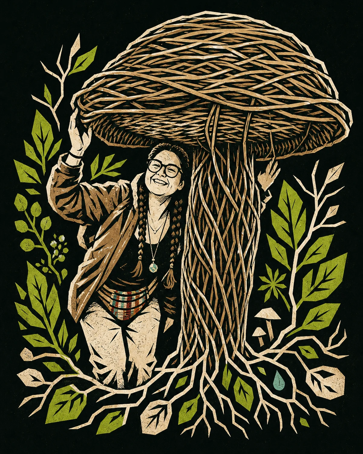 Ilustración de Gabriela Guzmán Goycoolea junto a una gran escultura de hongo tejida en mimbre.