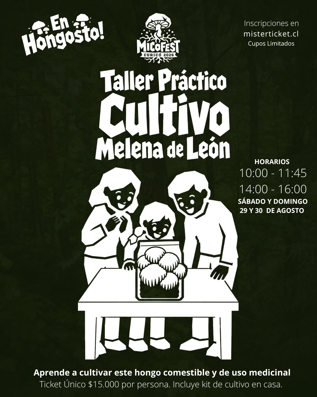 Afiche del Taller Práctico de Cultivo de Melena de León: tres personas observando un cultivo sobre una mesa.