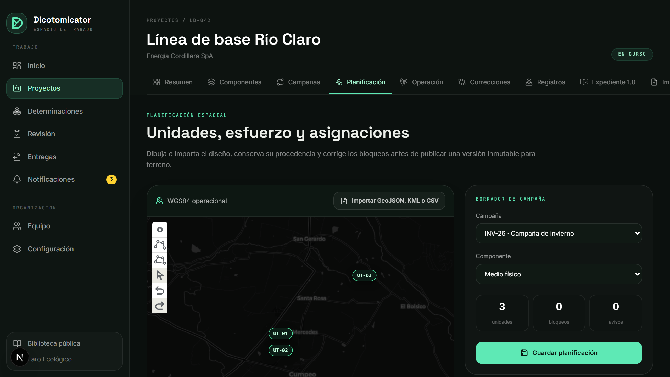 Pantalla real de planificación espacial de Dicotomicator con campaña, componente, mapa y unidades de muestreo.